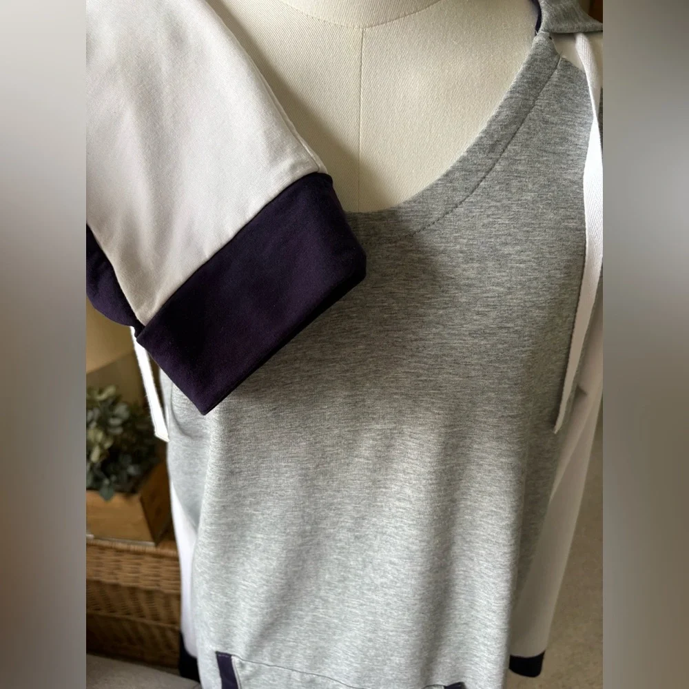 DKNY Color-Block Hooded Relaxed Shirt/Dress in Heather Gray, Blue & White  w Pkt - Picture 10 of 10